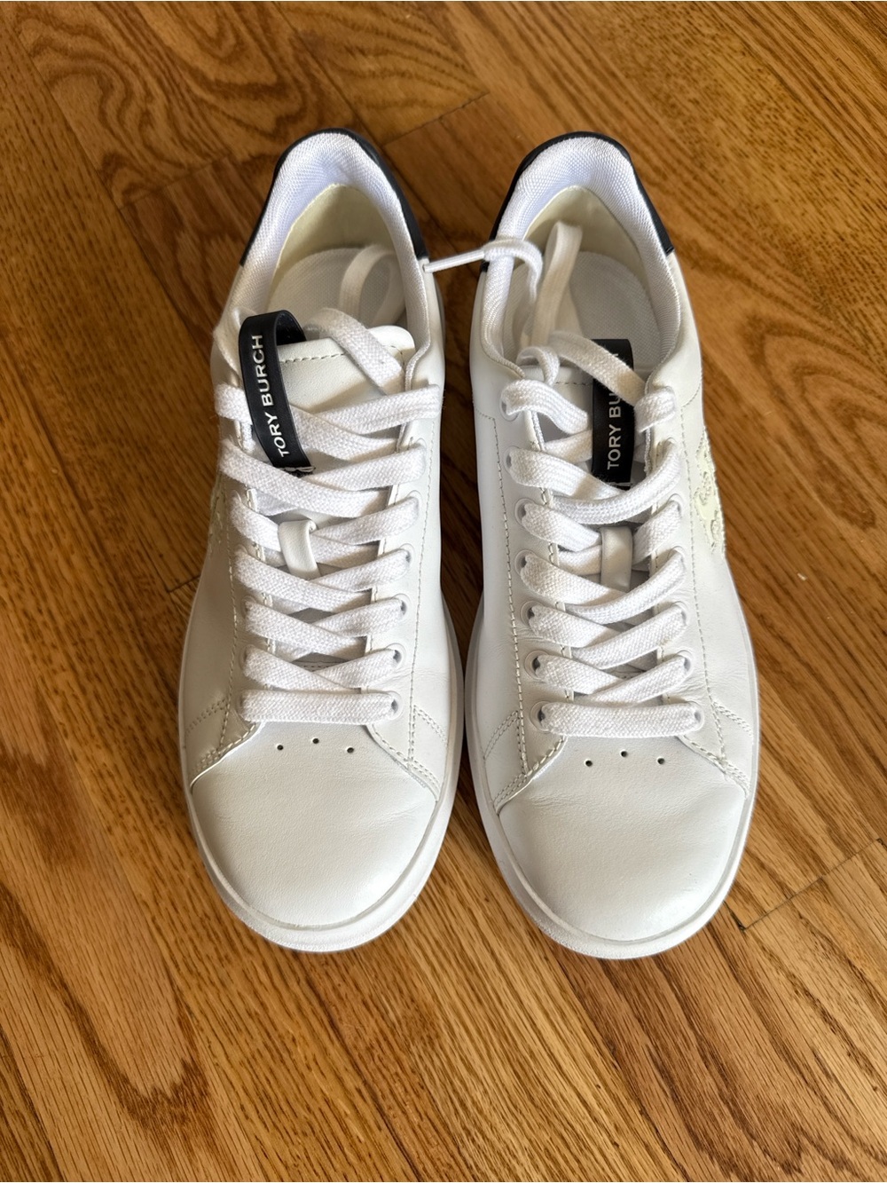 Tory Burch White Leather Howell Court Sneakers with Black Heel Tab
